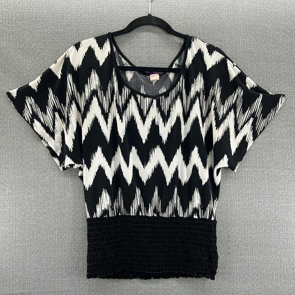 Vintage Agenda Black/White Geometric Print Elastic Waist Blouse Made In USA M